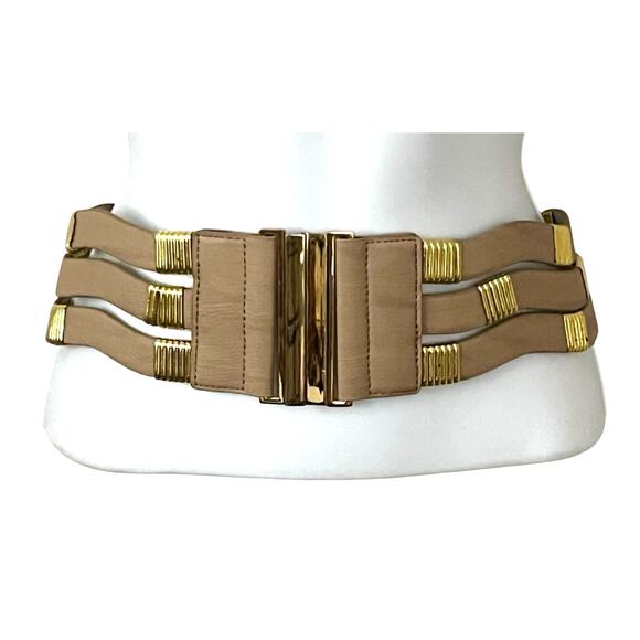 Vintage Bebe Belt Size S/P Wide Stretch Faux Leather Gold Tone Hardware Y2K - Picture 6 of 9